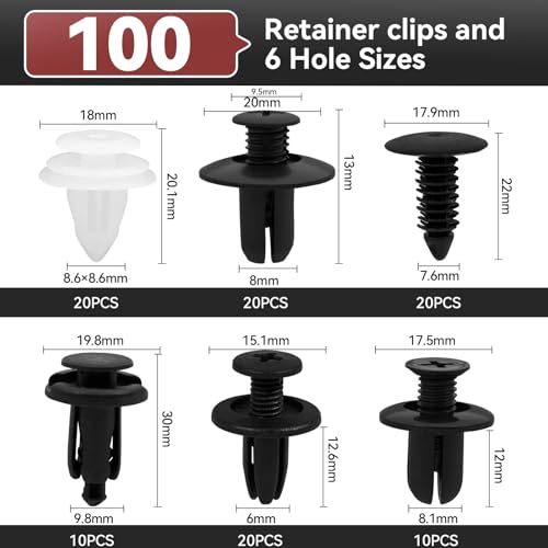 100Pcs Auto Body Panel Fasteners & Push Pin Rivets - 6 Sizes Bumper Fender Flare Retainer Clips. Plastic Expansion Screws Replacement for GM Ford Toyota Honda (100Pcs) - style: 100pcs
