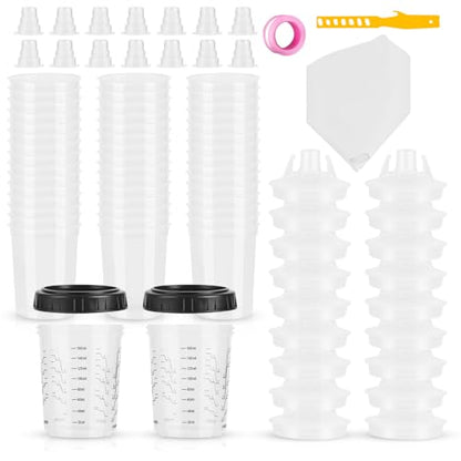 Mini Disposable Paint Mixing Cups 6 Ounce(165ml) with Lid, 30 Pack Paint Cup,125-Micron Filter, 2 Hard Cup with Retainer Ring, 20 Plugs, 1 Stirrer, 1 Seal Tape,10 Paint Strainers Paper Cone