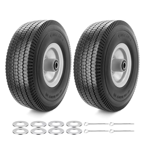 2-Pack 4.10/3.50-4" Flat Free Solid Rubber Tires - 10" Replacement Wheels with 5/8" Axle Bore, 2.2" Offset Hub for Gorilla Cart, Hand Truck, Garden Wagon, Dump Carts - Puncture Proof