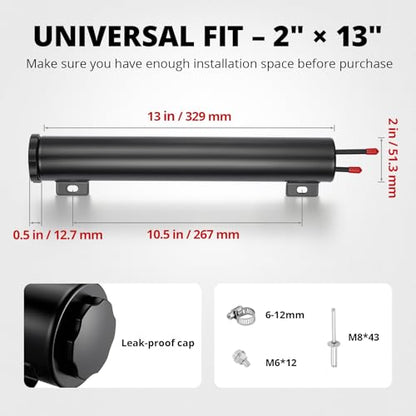 EVIL ENERGY Radiator Overflow Tank 2" x 13", Aluminum Coolant Overflow Reservoir, Universal Coolant Reservoir Tank with Cap, Coolant Expansion Recovery Tank for Cars, Trucks, Racing - size: 2"x13"