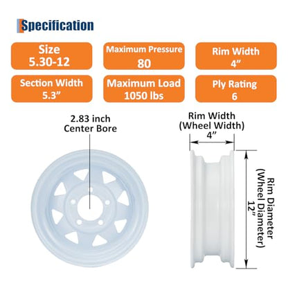 GarveeTech 5.30-12 Trailer Tire and Wheel Assembly, 5 Lug, Set of 2 - size: 5.30-12, style: 5 Lug