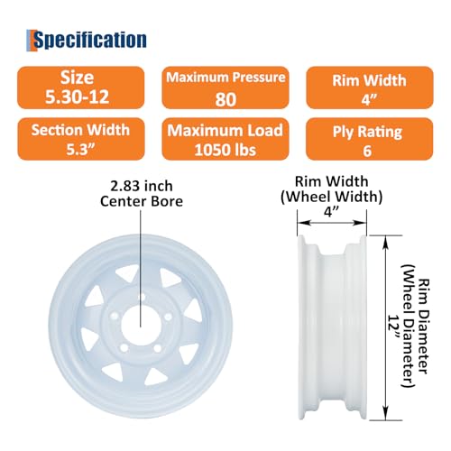 GarveeTech 5.30-12 Trailer Tire and Wheel Assembly, 5 Lug, Set of 2 - size: 5.30-12, style: 5 Lug