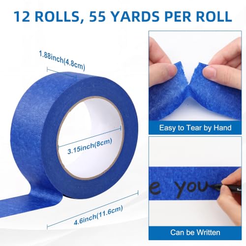 Blue Painters Tape, 0.94"/1.88" x 55 Yards Bulk Painter Tape, Blue Masking Tape for Painting, Easy Hand Tear No Residue Paint Tape for Home, Automotive, DIY Crafts(12,1.88inch) - size: 1.88inch