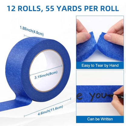 Blue Painters Tape, 0.94"/1.88" x 55 Yards Bulk Painter Tape, Blue Masking Tape for Painting, Easy Hand Tear No Residue Paint Tape for Home, Automotive, DIY Crafts(12,1.88inch) - size: 1.88inch