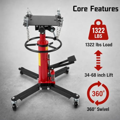 1322LBS Transmission Jack Capacity 2-Stage Hydraulic Telescopic Jack with 360° Swivel Wheel Red
