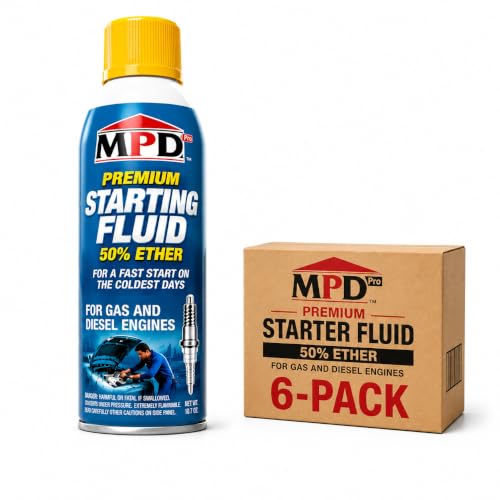 MPD Pro Starter Starting Fluid Spray – Premium 50% Ether Formula for Fast Cold Starts – Works to -65°F – Gas & Diesel Engines – Upper Cylinder Lubrication – 10.7 oz – (6-Pack) - size: 6-Pack