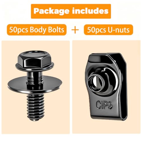 100PCS M6-1.0 Body Bolts & U Nuts Kits for Engine Cover Bumper Fender Liner, Metal Rust-Resistant Automotive Body Screws Clips (50 Sets), Black - color: Black