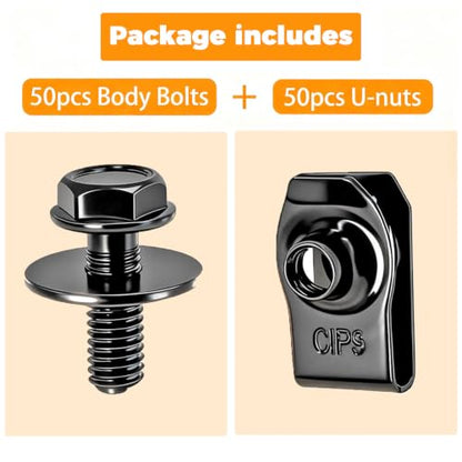 100PCS M6-1.0 Body Bolts & U Nuts Kits for Engine Cover Bumper Fender Liner, Metal Rust-Resistant Automotive Body Screws Clips (50 Sets), Black - color: Black