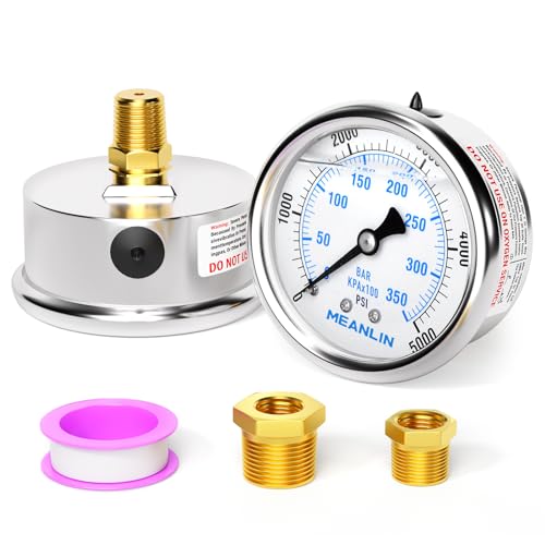 MEANLIN MEASURE 0~5000Psi Stainless Steel 1/4" NPT 2.5" FACE DIAL Liquid Filled Pressure Gauge WOG Water Oil Air Center Back Mount, with 1/2" NPT and 3/8" NPT Hex Bushing - size: 0-5000Psi