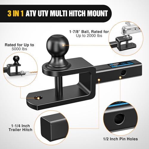 Nilight 3-in-1 ATV UTV Multi Hitch Mount | 1-7/8" Ball Fits 1-1/4" Receiver Hitch Rated 2000 LBS Winch Strap Loop Rated 5000 LBS - color: 1.25" Hitch Receiver with 1-7/8" Ball