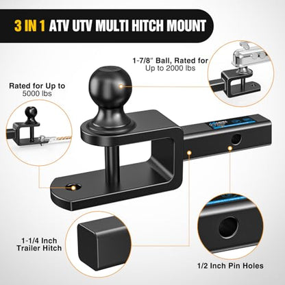 Nilight 3-in-1 ATV UTV Multi Hitch Mount | 1-7/8" Ball Fits 1-1/4" Receiver Hitch Rated 2000 LBS Winch Strap Loop Rated 5000 LBS - color: 1.25" Hitch Receiver with 1-7/8" Ball
