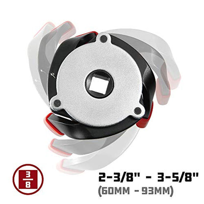 Powerbuilt Universal and Auto-Adjusting Spider 3 Jaw Oil Filter Wrench, 2-5/16" to 3-9/16" (60mm to 90mm) Range, Built-in Magnets and Spring-Loaded Steel Jaws Hold Onto Filter, 3/8-in. Drive - 240245 - style: 3-Jaw Magnetic