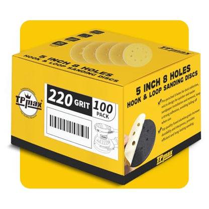 100PCS 5 Inch 220 Grit 125mm 8 Hole Sanding Discs Sandpaper - Premium Gold Round Hook and Loop for Random Orbital Sander - Ideal for Wood, Metal, Automotive - style: 220 Grit - 100 Pack