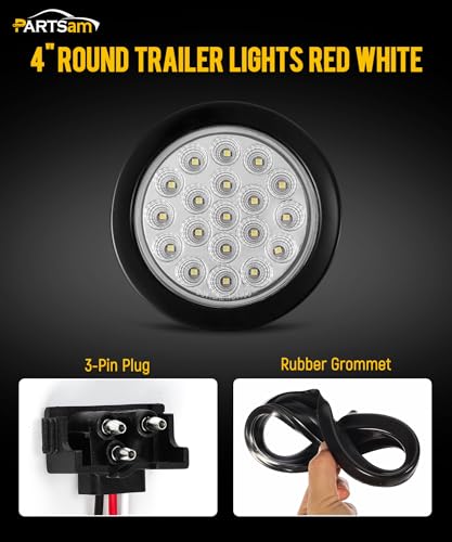 Partsam 2Pcs 4 Inch Round Red Stop Turn Tail Lights and White Backup Lights Kit 19 Diodes w/Rubber Grommets & 3-Prong Wire Pigtails, Red/White Round Led Truck Trailer Tail Lights and Reverse Lights - color: Red/White