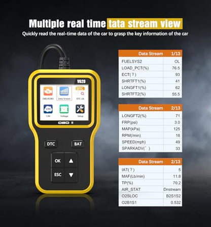 OBD2 Scanner & Battery Tester, Car Diagnostic Tool for Check Engine Light - color: yellow