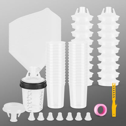Mini Disposable Paint Mixing Cups 6 Ounce(165ml) with Lid, 30 Pack Paint Cup,125-Micron Filter, 2 Hard Cup with Retainer Ring, 20 Plugs, 1 Stirrer, 1 Seal Tape,10 Paint Strainers Paper Cone