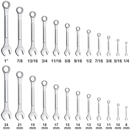 24-Piece All-Purpose Master Combination Wrench Set with Roll-up Pouch | SAE 1/4” to 1”, Metric 8mm to 24mm | Perfect for General Household, Garage, Auto Repairs, Car, Truck, Boat, and Travel Emergency