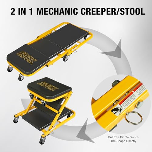 YELLOW JACKET Mechanic Creeper Stool, 40 Inches Extended 2-in-1 Foldable Z-Creeper Rolling Garage Seat with Wheels, Heavy Duty Steel Auto Repair Garage Stool for Shop, 330 LBS Capacity - size: 40 inch