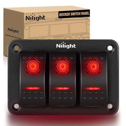 Nilight - 90019C 3 Gang Aluminum Rocker Switch Panel Toggle Dash 5 Pin ON/Off Pre-Wired Rocker Switch Red Backlit Switch for Automotive Car Marine Boat RV,2 Years Warranty - color: Red, size: 3 Gang