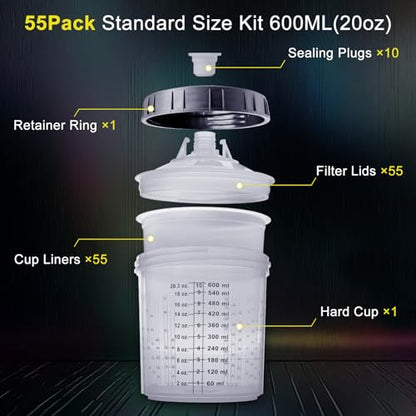 Disposable Paint Spray Gun Cup,HVLP Paint Spray Paint Gun 20 Ounce (600ml) Kit with 55 Cups and Lids System, 1 Hard Cup with Retainer Ring and 10 Plugs