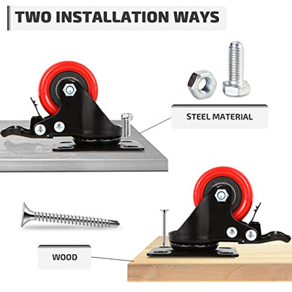 Nefish 2 Inch Casters Set of 4, Heavy Duty Top Plate Caster Wheels with Brake 600 Lbs, Dual Locking Furniture Castors, 360 Degree Swivel Casters, No Noise Polyurethane Wheels for Cabinet, Furniture - size: 2 IN