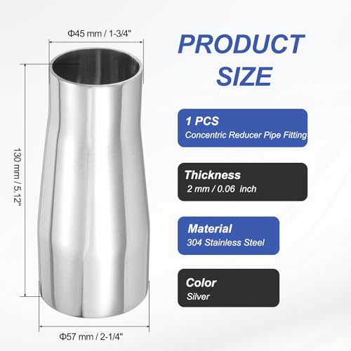 PATIKIL Concentric Reducer Pipe Fitting, 2-1/4"(57mm) to 1-3/4"(45mm) OD 304 Stainless Steel Butt Weld Tube Long Reducer Exhaust Pipe for Food Beverage HVAC Plumbing, Silver - size: 2-1/4" to 1-3/4" OD