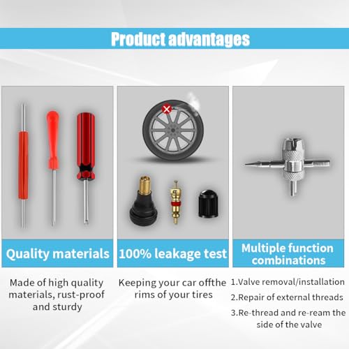 GLSOWEE Tire Valve Stem Puller Installer Tool Kit, 40Pcs Valve Cores & 20Pcs Valve Caps, 2Pcs Single Head Tire Valve Core Remover, 4-Way Valve Tool & Dual Head Puller - size: 64PCS