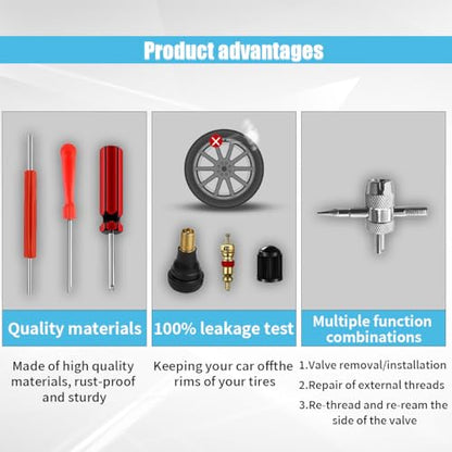 GLSOWEE Tire Valve Stem Puller Installer Tool Kit, 40Pcs Valve Cores & 20Pcs Valve Caps, 2Pcs Single Head Tire Valve Core Remover, 4-Way Valve Tool & Dual Head Puller - size: 64PCS