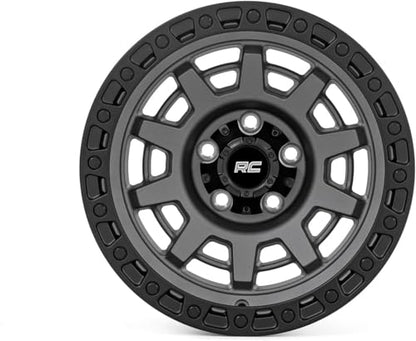 Rough Country 85 Series 17x9 Wheel - 5x4.5" Bolt Pattern, 12mm Offset, Gunmetal Gray with Black Simulated Beadlock, One-Piece Aluminum Off-Road Wheel