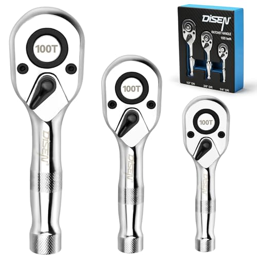 DISEN 3-Piece Stubby Ratchet Set – 1/4", 3/8", 1/2" Drive | 100-Tooth Ratchet with EVA Storage Tray | Quick Release Button | Non-Slip Grip | Reversible 3.6° Design for Tight Spaces, Chrome Finish - color: Stubby Ratchet Set
