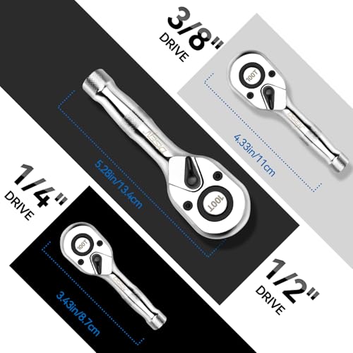 DISEN 3-Piece Stubby Ratchet Set – 1/4", 3/8", 1/2" Drive | 100-Tooth Ratchet with EVA Storage Tray | Quick Release Button | Non-Slip Grip | Reversible 3.6° Design for Tight Spaces, Chrome Finish - color: Stubby Ratchet Set