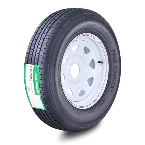 Free Country Trailer Tire Wheel ST205/75R15 8Ply D 107N 5X5 White Spoke Rim - size: ST205/75R15 /8PR /5x5