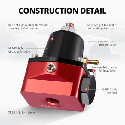 EVIL ENERGY EFI Fuel Pressure Regulator Kit Adjustable (20-120PSI) with Gauge 6AN PTFE Fuel Line Hose Fitting Connectors Kit Universal Aluminum (Red) - color: Red