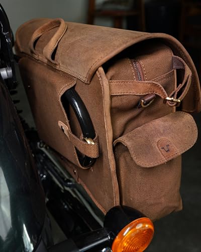 Trip Machine Company Expedition Motorcycle Saddle Bags – 25L Each (50L Pair) 16oz Heavy-Duty Canvas & Leather Panniers, Waterproof Lining with Rain Cover (Left Side, Brown) - color: Brown, style: Left Side