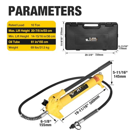 YELLOW JACKET 10 ton Porta Power Kit Hydraulic Ram Jack Pusher Puller Auto Body Frame Repair Tool with Blow Mold Carrying Storage Case for Car Repair,Truck,Farm - size: 10 Ton