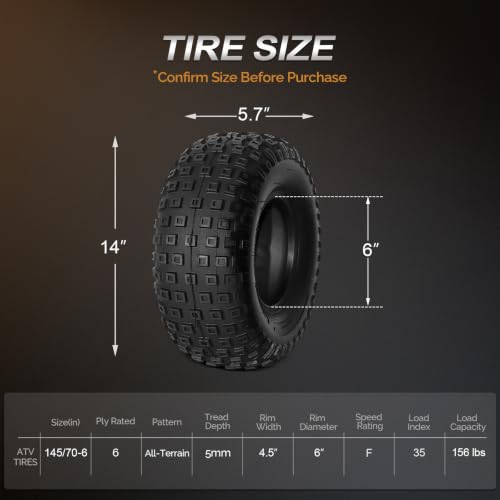 TUFFIOM 145/70-6 ATV UTV Tires for All-Terrain, 6PR Mini Bike Tires with Good Longitudinal Traction and Reversing Performance on Mud, Sand and Rocks, Tubeless, Set of 2 - size: 145/70-6 6PR (2 pack)