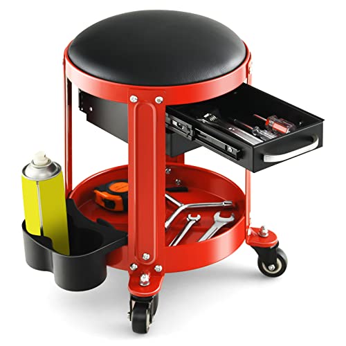 S AFSTAR Garage Shop Roller Seats, Adjustable Pneumatic Rolling Creeper Stool W/Removable Padded Seat, 2-Direction Drawers, Twin Can Holder, Round Mechanic Rolling Stool, 330 LBS Max Load