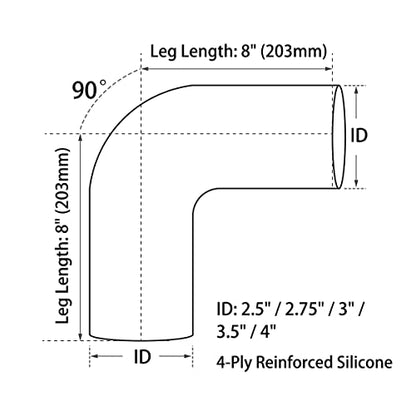 3.5" ID, 8" Leg Length 90 Degree Elbow Silicone Coupler Hose, 4-Ply Reinforced Universal Silicone Pipe Hose Turbo Intake Tube Intercooler Piping Black - color: Black, size: 3.5" ID