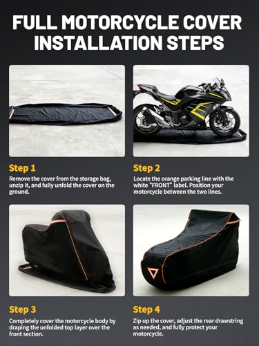 COVERVIN Full Enclosed Motorcycle Cover, 600D Heavy Duty Waterproof Motorcycle Cover, Outdoor UV Protection with Reflective Strips, Fits 96" Harley Honda Yamaha Suzuki, Black - size: XXL-96"