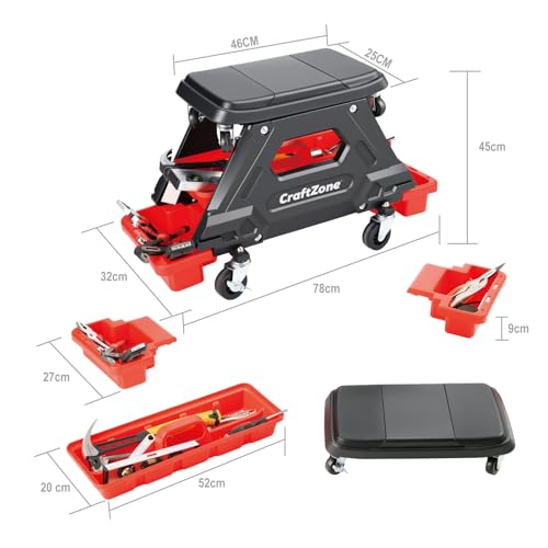 2-in-1 Mechanic Rolling Stool – Detachable Seat with 2 Height Options (High/Low), 300 LBS Heavy Duty Roller Cart, 360° Swivel, Locking Casters & Removable Storage Trays for Garage & Workshop