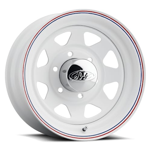 Allied Wheel 80W White 8-Spoke 15x5 5X4.5, 2.8"BS, 3.19"CB, Durable Gloss White Finish Steel Wheel for Cars and Light Trucks, Chrome Cap Included, Protective E-Coating - size: 15X5 | 5X4.5 | -3mm (3"BS)