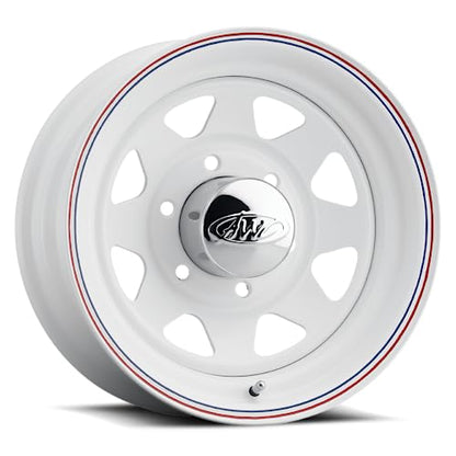 Allied Wheel 80W White 8-Spoke 15x5 5X4.5, 2.8"BS, 3.19"CB, Durable Gloss White Finish Steel Wheel for Cars and Light Trucks, Chrome Cap Included, Protective E-Coating - size: 15X5 | 5X4.5 | -3mm (3"BS)