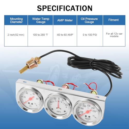 Triple Gauge Set (Oil Pressure Gauge + Water Temperature Gauge + AMP Meter)