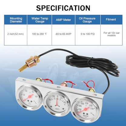 Triple Gauge Set (Oil Pressure Gauge + Water Temperature Gauge + AMP Meter)