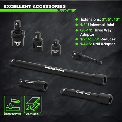 TecoTek 1/2" Drive Deep Impact Socket Set, 38-Piece Socket Set SAE 3/8 to 1-1/4 inch and Metric 10-32mm Size, Includes Extension Bars, Universal Joint, Adapter and Ratchet Handle, 6 Point, Cr-V Steel - style: 1/2" Drive 38pcs Impact Socket Set