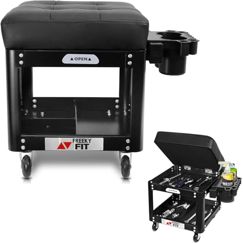 Rolling Creeper Garage Shop Seat for Men, Padded Mechanics Stool with Tool Tray Storage for Garage, Rolling Workshop Stool with Wheels, Auto Creeper Seat, 330 LBS Capacity, Heavy Duty, Black - color: Black