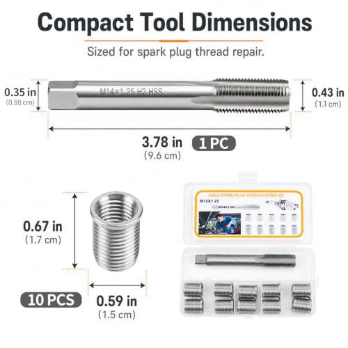 M12x1.25 Spark Plug Thread Repair Kit, 11‑Piece Tap & Inserts Set - color: M12x1.25