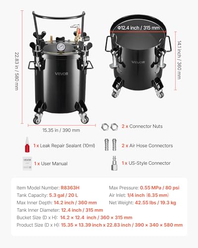 VEVOR Heavy Duty Steel Pressure Pot, 5.3 Gal/20 L Heavy Duty Steel Air Tool Pressure Pot, Pressures Pots with Three Quick-Connect Couplers for Home Use, DIY, Art Creations, Large-Diameter Tank - size: 20L/5.3Gal