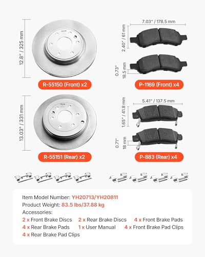 VEVOR Front & Rear Brake Kit Compatible with 2008-2017 Buick Enclave, 2009-2017 Chevrolet Traverse/2007-2010 Saturn Outlook, 2007-2016 GMC Acadia/2017 GMC Acadia Limited, Hollow Brake Rotors Pads Kit - size: R-55150 + R-55151