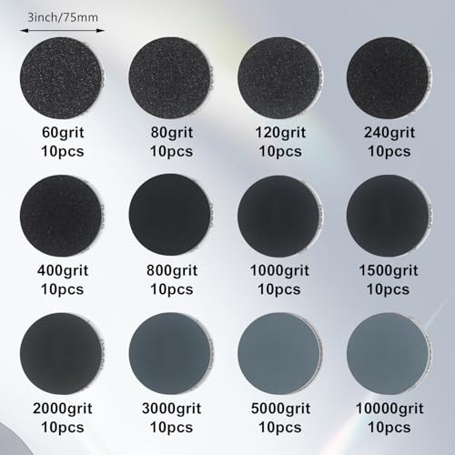 134Pack 3 Inch Wet Dry Sanding Discs Kit for Drill Sanding Attachment, 60 to 10000 Grit with 1/8" 1/4" 5/8" Adapters, Buffing Pads for Car Headlight Cleaning, Scratch Removal, Auto Detailing